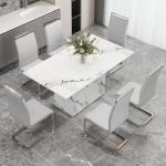 6 Seater Dining Table Set, 63 Inch Kitchen Table and Chairs, White Imitation Marble Table and 6 PU Leather Chairs Set