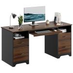 Bestier 59” Computer Desk with 4 Drawers, Office Desk with Storage, Industrial Executive Desk with File Drawer, Keyboard Tray & 2 Pedestals for Home Office & Studio, Cherry