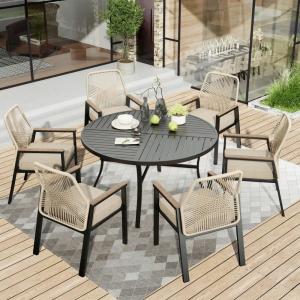 7 Pieces Patio Table and Chairs Set, Outdoor Dining Set for 7, 6 X Cushioned Woven Rattan Patio Chairs