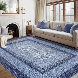 RUGSREAL 9x12 Living Room Rug Large Washable Rug Non Slip Dining Room Boho Braided Print Carpet Indoor Throw Floor Cover Farmhouse Rustic Area Rug Bohemian Border Carpet for Bedroom Home Decor, Navy