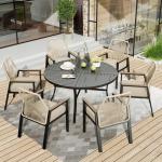 7 Pieces Patio Table and Chairs Set, Outdoor Dining Set for 7, 6 X Cushioned Woven Rattan Patio Chairs