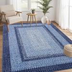 RUGSREAL 9x12 Living Room Rug Large Washable Rug Non Slip Dining Room Boho Braided Print Carpet Indoor Throw Floor Cover Farmhouse Rustic Area Rug Bohemian Border Carpet for Bedroom Home Decor, Navy