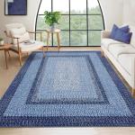 RUGSREAL 9x12 Living Room Rug Large Washable Rug Non Slip Dining Room Boho Braided Print Carpet Indoor Throw Floor Cover Farmhouse Rustic Area Rug Bohemian Border Carpet for Bedroom Home Decor, Navy