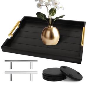 SXNOWS Coffee Table Trays - Large Ottoman Tray for Living Room - Wood Serving Trays with Handles(2 Sets) - Wooden Tray for Coffee Table, 4 Round Coasters Included, Black