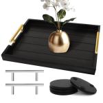 SXNOWS Coffee Table Trays - Large Ottoman Tray for Living Room - Wood Serving Trays with Handles(2 Sets) - Wooden Tray for Coffee Table, 4 Round Coasters Included, Black