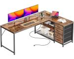 PRAISUN 61" L Shaped Desk with Power Outlets and USB-C Port, Reversible Computer Corner Office Desk with 4 Fabric Drawers and 2 Height-Adjustable Shelves, Large for Gaming Writing Study, Rustic Brown