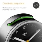 Braun Classic Analogue Alarm Clock with Snooze and Light, Quiet Quartz Movement, Crescendo Beep Alarm in Black and Silver, Model BC12SB.