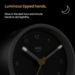 Braun Classic Analogue Alarm Clock with Snooze and Light, Quiet Quartz Movement, Crescendo Beep Alarm in Black and Silver, Model BC12SB.