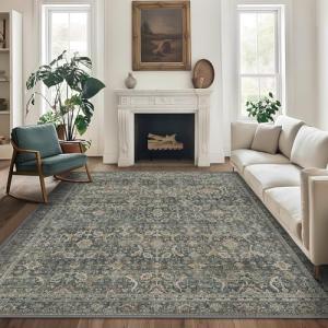 BESBLEE 8X10 Area Rugs Machine Washable Rugs for Living Room, Vintage Boho Large Rugs for Bedroom Dining Room, Non Slip Indoor Soft Distressed Lightweight Thin Low Pile Carpet, Deep