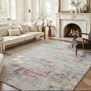 Area Rug 6x9 Washable Rug Grey and Brown for Living Room, Dining Room, Bedroom, Large Carpets, Non Slip & Non-Shedding Low Pile Vintage Print Rug for Home Office Decor