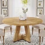 Tribesigns 47 inch Round Dining Table Wood Kitchen Table for Dining Room, 47" Dinner Room Tables for 4-6, Farmhouse Accent Furniture with Wooden Tabletop and Cross Base, Light Wood