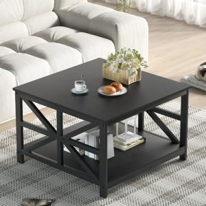 GreenForest Modern Living Room Coffee Table with 2 Tier Storage, Small Square Wood and Metal Farmhouse Center Table with Seamless One-Piece Tabletop, 27.55 Inch, Black