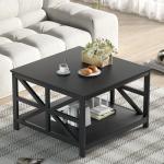 GreenForest Modern Living Room Coffee Table with 2 Tier Storage, Small Square Wood and Metal Farmhouse Center Table with Seamless One-Piece Tabletop, 27.55 Inch, Black