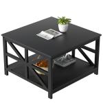 GreenForest Modern Living Room Coffee Table with 2 Tier Storage, Small Square Wood and Metal Farmhouse Center Table with Seamless One-Piece Tabletop, 27.55 Inch, Black