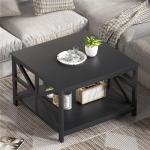 GreenForest Modern Living Room Coffee Table with 2 Tier Storage, Small Square Wood and Metal Farmhouse Center Table with Seamless One-Piece Tabletop, 27.55 Inch, Black