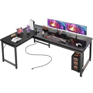 Huuger 55 Inch L Shaped Desk with Power Outlets and USB-C Port, Reversible Computer Desk, Larger Office Corner Gaming Desk, 0.95 Inch Thicker Desktop, Metal Frame, for Home Office, Study, Black