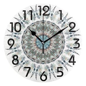 Naanle Boho Ethnic Mandala with Feathers Pattern Round Wall Clock, 9.5 Inch Battery Operated Quartz Analog Quiet Desk Clock for Home,Office,School