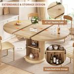 Jocoevol Dining Table for 4-6,63“Extendable Round Kitchen Dining Room Table with 2-Tier Storage Shelf, Space Saving Expandable Wood Oval Circle Dinner Furniture with Pedestal Base (Natural)