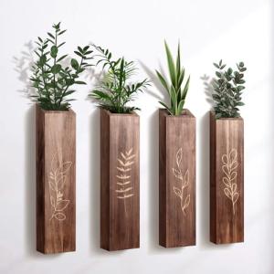 BOTOP 4 Pack Wood Indoor Wall Planter, Modern Boho Wall Decor for Living Room Bedroom, Farmhouse Pocket Vases for Dried Flowers and Faux Greenery Plants - Brown
