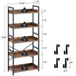 Rolanstar Bookshelf 5 Tier with 4 Hooks, Industrial Wood Bookcase, Vintage Storage Rack with Open Shelves, Rustic Standing Bookshelves Display Rack for Living Room, Bedroom, Rustic Brown