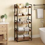 Rolanstar Bookshelf 5 Tier with 4 Hooks, Industrial Wood Bookcase, Vintage Storage Rack with Open Shelves, Rustic Standing Bookshelves Display Rack for Living Room, Bedroom, Rustic Brown