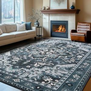 Rugflix 8x10 Area Rugs Machine Washable, Dark Navy Blue Carpet for Living Room, Oriental Indoor Area Rug Low Pile, Large Soft Thick Carpets Non Slip, Farmhouse Vintage Rug for Bedroom Dining Room