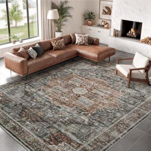 Roxstand 8x10 Area Rugs for Living Room, Vintage Washable Rug with Non-Slip Backing, Stain Resistant Large Area Rug for Dining Room, Soft Rugs for Bedroom (Grey/Brown/Tan, 8'x10')