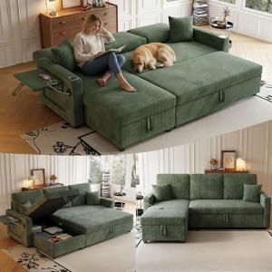Sleeper Sectional Sofa, 83" Convertible Sofa Bed with Pull Out Couches, Small Desktop, L Shaped Couch with Reversible Chaise, Cup Holders, USB, Modern Corduroy Sofas for Living Room Apartment, Green