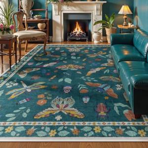 Lahome Insect Washable Rugs 8x10, Soft 8x10 Area Rugs for Living Room, Non Slip Bedroom Rug Under Bed Ultra-Thin Large Carpet for Dining Room Office Playroom(8'x10',Dark Green)