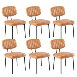 Sweetcrispy Dining Chairs Set of 6, Upholstered Mid Century Modern Kitchen Accent Chairs with Faux Leather Cushion Seat & Metal Legs for Home Office, Living Room - Brown