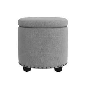 HomePop Home Decor | Upholstered Round Storage Ottoman with Nailheads| Ottoman with Storage for Living Room & Bedroom, Grey Woven
