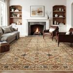 Joydeco 9x12 Area Rugs for Living Room, Non Slip Machine Washable Vintage Rug, Low Pile Chenille Print Rugs for Bedroom, Dining Room, Home Office, Pet & Child Friendly, Tan