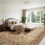 Joydeco 9x12 Area Rugs for Living Room, Non Slip Machine Washable Vintage Rug, Low Pile Chenille Print Rugs for Bedroom, Dining Room, Home Office, Pet & Child Friendly, Tan