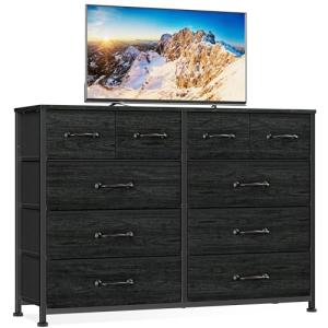 Furnulem Bedroom Dresser for 55”Long TV Stand Entertainment Center Dressers & Chests of Drawers,10 Storage Fabric Drawer, Sturdy Metal Frame Tall Storage Cabinet for Living Room, Entryway, Black Oak