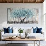 Arjun Tree Wall Art Canvas for Living Room Blue Tree of Life Nature Teal Abstract Textured Painting Picture Modern Panoramic Landscape Artwork Framed Bedroom Home Office Decor, Large Size 48"x24"