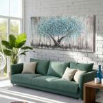 Arjun Tree Wall Art Canvas for Living Room Blue Tree of Life Nature Teal Abstract Textured Painting Picture Modern Panoramic Landscape Artwork Framed Bedroom Home Office Decor, Large Size 48"x24"