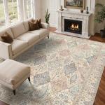 GENIMO 6x9 Area Rugs for Living Room, Machine Washable Low Pile Rugs, Chenille Non Alip Vintage Rug for Bedroom, Dining Room, Home Office, Beige Cream