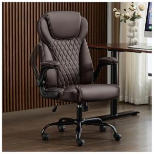 amseatec, Office Chair, Executive Leather Chair Home Office Desk Chairs, Ergonomic Computer Desk Chair with Adjustable Flip-Up Arms, Lumbar Support Swivel Task Chair with Rocking Function (Brown)