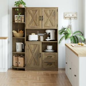 60.4" Farmhouse Kitchen Pantry Storage Cabinet, Freestanding Hutch with Doors & Shelves, Buffet Sideboard with Microwave Stand