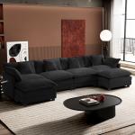 Ihanherry U-Shaped Modern Sofa 146" Modular Sectional Cloud Couch with 2 Ottoman, 6-Seat Chenille Deep Seat Sofa with 6 Pillows for Living Room, Black