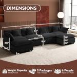 Ihanherry U-Shaped Modern Sofa 146" Modular Sectional Cloud Couch with 2 Ottoman, 6-Seat Chenille Deep Seat Sofa with 6 Pillows for Living Room, Black