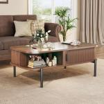 Coffee Table, 39.4" Mid Century Modern Coffee Tables for Living Room, Coffee Table with Storage Open Shelf, Fluted Table with Sliding Cabinet Door, 2-Tier Rustic Wood Desktop, Walnut