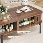 Coffee Table, 39.4" Mid Century Modern Coffee Tables for Living Room, Coffee Table with Storage Open Shelf, Fluted Table with Sliding Cabinet Door, 2-Tier Rustic Wood Desktop, Walnut