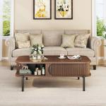 Coffee Table, 39.4" Mid Century Modern Coffee Tables for Living Room, Coffee Table with Storage Open Shelf, Fluted Table with Sliding Cabinet Door, 2-Tier Rustic Wood Desktop, Walnut