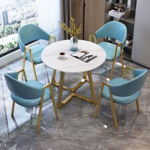 Designer Luxury Round Marble Rock Slab Dining Table Set 4 6 Chairs Mesa Tavoli Furniture Meuble Marbre Stainless Steel Gold Base