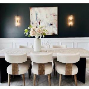 Dining Chair Set of Six, Rustic Linen Upholstered Curved Back Kitchen Chairs with Footstool Included