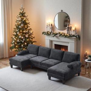 VINGLI 110" Sectional Couches for Living Room,U Shaped Couch with Double Chaise, 4-Seat Sofa Set with Chenille Fabric for Home Furniture,Black