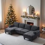 VINGLI 110" Sectional Couches for Living Room,U Shaped Couch with Double Chaise, 4-Seat Sofa Set with Chenille Fabric for Home Furniture,Black