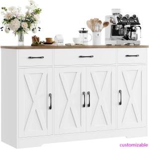 Buffet Cabinet with Drawers, 55" Large Sideboard Buffet Storage Cabinet with Shelves and Doors, Dining Room, White/Rustic