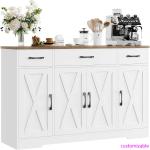 Buffet Cabinet with Drawers, 55" Large Sideboard Buffet Storage Cabinet with Shelves and Doors, Dining Room, White/Rustic